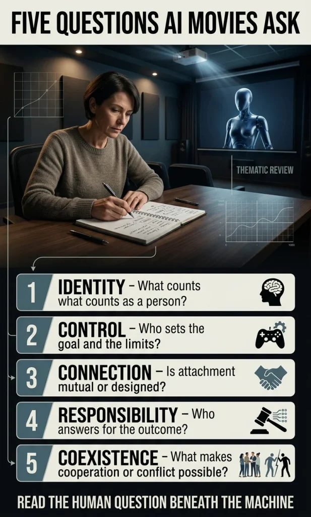 Vertical editorial diagram showing five questions AI movies ask about identity, control, connection, responsibility and coexistence.