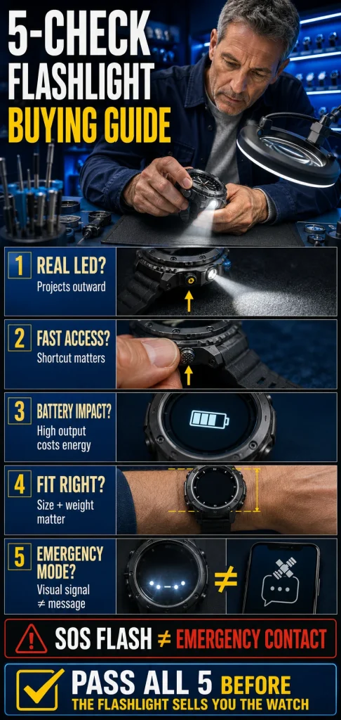 Man inspecting a flashlight watch through five buying checkpoints for LED type, controls, battery, fit, and emergency functions.