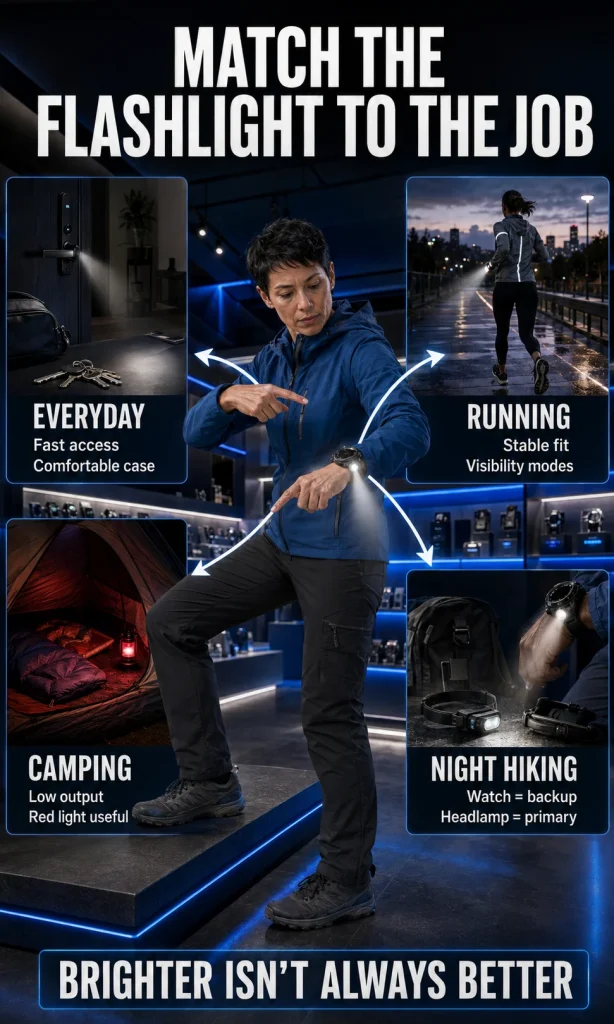 Woman comparing flashlight-watch needs for everyday use, running, camping, and night hiking using four realistic activity panels.