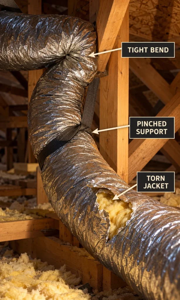 A flexible AC duct in an attic with a tight bend, pinched support and torn outer foil jacket exposing insulation.