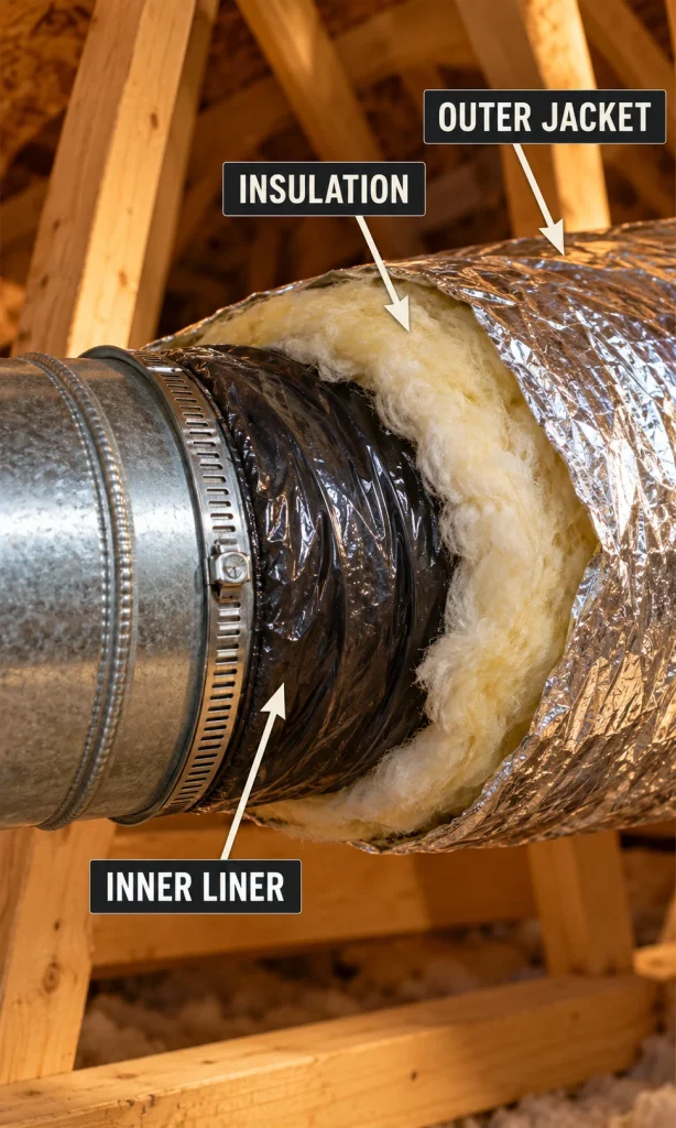 Cutaway of insulated flexible duct showing its secured inner liner, fiberglass insulation and outer foil jacket.