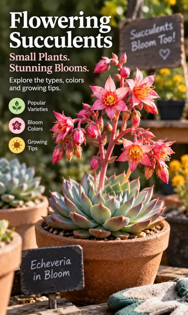 Mature Echeveria succulent producing tall pink and coral flower stalks in strong natural light.