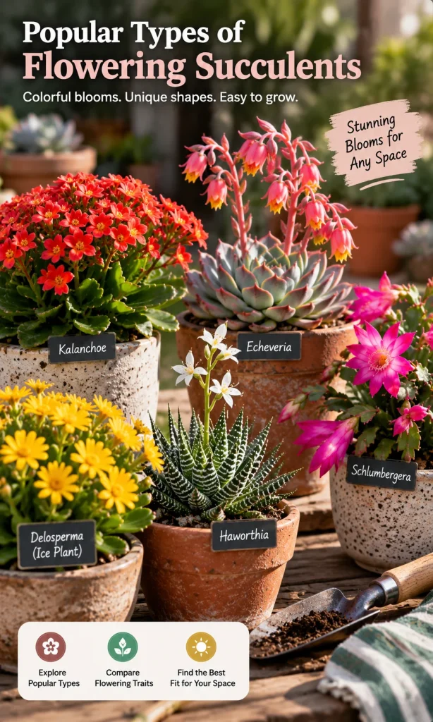Five different flowering succulent types displayed together including Kalanchoe, Echeveria, Delosperma, Haworthia and Schlumbergera.