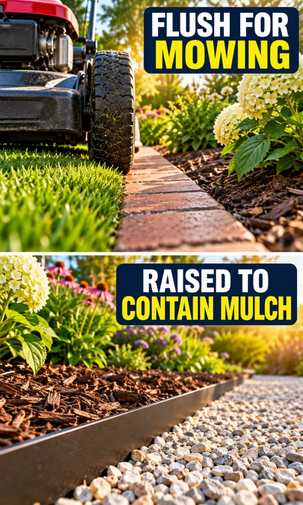 Side-by-side garden details showing a mower wheel on a flush brick strip and a raised metal edge containing mulch.