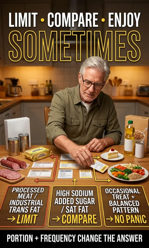 Decision path sorting foods into limit, compare or occasional categories based on processed meat, trans fat, high nutrient load, portion and frequency.