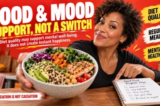 Woman presenting a balanced meal beside text explaining that food can support well-being but does not guarantee instant happiness