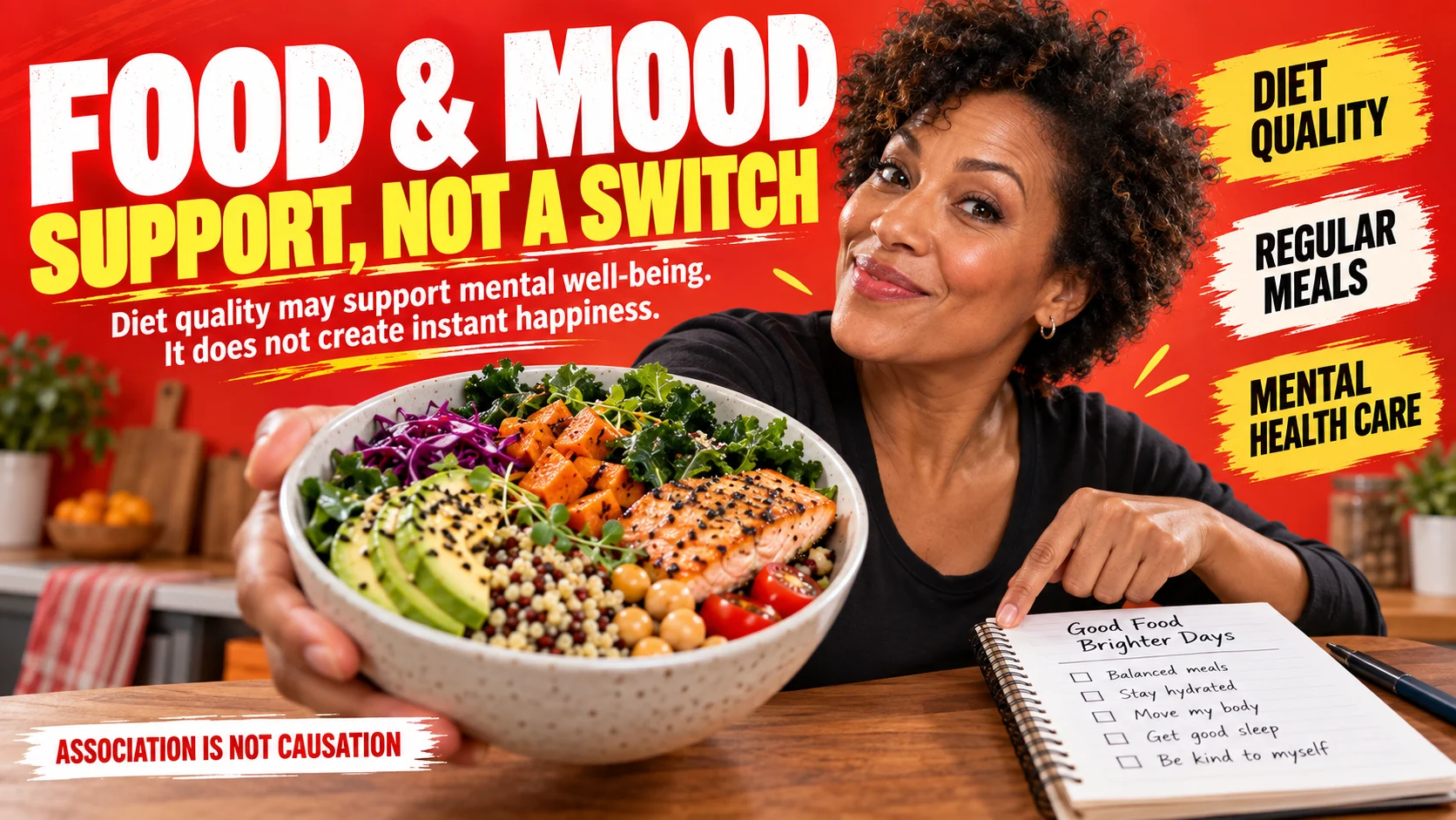 Woman presenting a balanced meal beside text explaining that food can support well-being but does not guarantee instant happiness