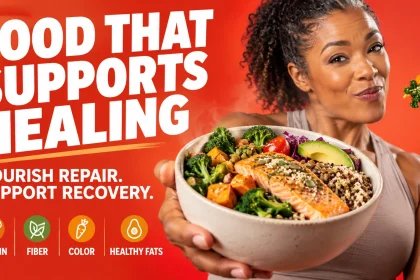 Woman presenting a colorful salmon and grain bowl beside the headline Food That Supports Healing and four meal-support cues: protein, fiber, color and healthy fats.