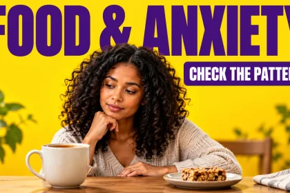 Woman weighing a cup of coffee and a snack beneath the words Food & Anxiety and Check the Pattern