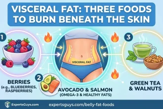 A 16:9 infographic feature image titled "VISCERAL FAT: THREE FOODS TO BURN BENEATH THE SKIN". A central midsection is connected to three circular panels: 1. BERRIES (BLUEBERRIES, RASPBERRIES), 2. AVOCADO & SALMON (OMEGA-3 & HEALTHY FATS), 3. GREEN TEA & WALNUTS. Glowing lines, flame icons, and arrows show the connection, with network elements and a healthy user. The ExpertsGuys.com logo is at the bottom with small lifestyle icons for exercise, sleep, and water. The style is modern American illustrative.