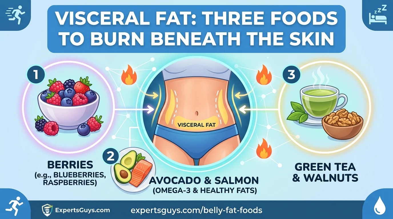 A 16:9 infographic feature image titled "VISCERAL FAT: THREE FOODS TO BURN BENEATH THE SKIN". A central midsection is connected to three circular panels: 1. BERRIES (BLUEBERRIES, RASPBERRIES), 2. AVOCADO & SALMON (OMEGA-3 & HEALTHY FATS), 3. GREEN TEA & WALNUTS. Glowing lines, flame icons, and arrows show the connection, with network elements and a healthy user. The ExpertsGuys.com logo is at the bottom with small lifestyle icons for exercise, sleep, and water. The style is modern American illustrative.