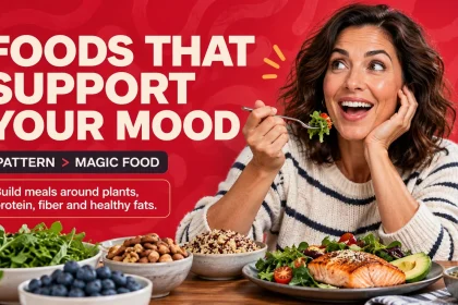 Woman at a table with salmon, berries, greens, nuts and whole grains beside the headline Foods That Support Your Mood