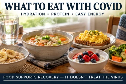 COVID recovery food spread with soup, eggs, oats, fruit, yogurt and water showing hydration, protein and easy energy choices