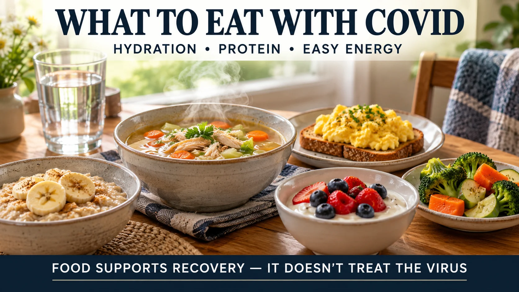 COVID recovery food spread with soup, eggs, oats, fruit, yogurt and water showing hydration, protein and easy energy choices