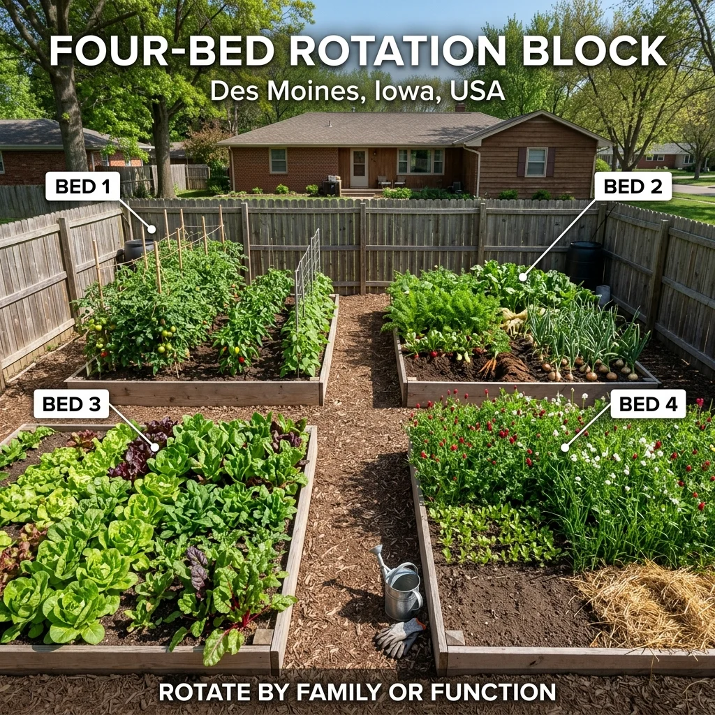 Four-bed rotation block in Des Moines, Iowa, showing four separate beds organized by crop family and one space for greens or cover crops.