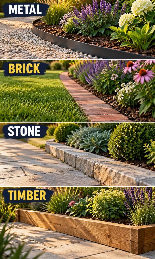Four real garden edges made from metal, brick, stone and timber beside planted beds.