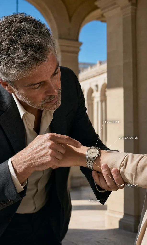 Watch specialist checking case footprint, crown clearance and bracelet fit on a woman's wrist