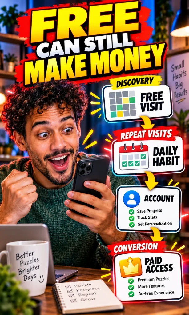 Man using a phone beside a four-stage path from free visit to daily habit, account creation and paid access.