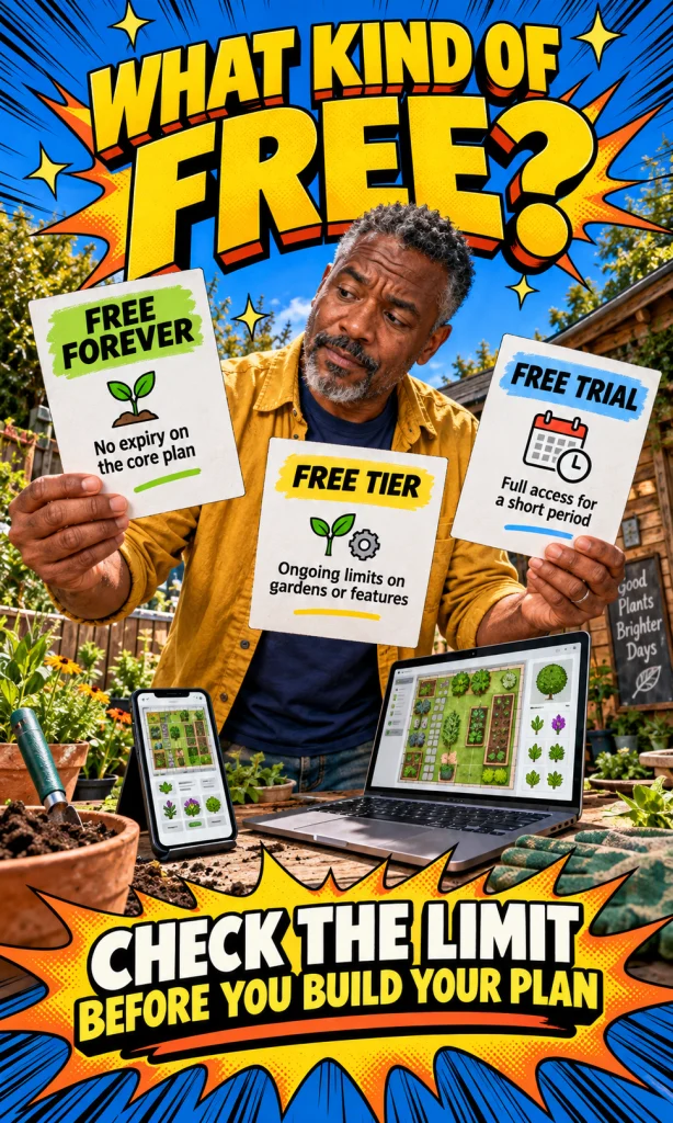 Gardener comparing free forever, free tier and free trial options before choosing garden planning software
