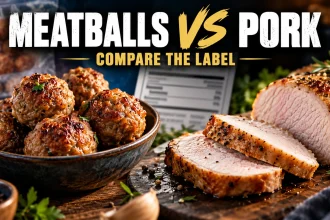 Cooked meatballs beside sliced lean pork with a nutrition label behind them