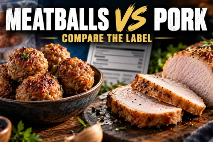 Cooked meatballs beside sliced lean pork with a nutrition label behind them