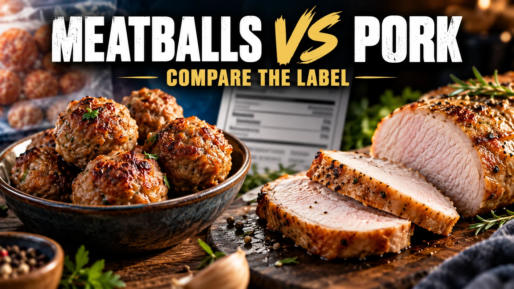 Cooked meatballs beside sliced lean pork with a nutrition label behind them