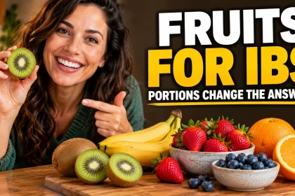 Woman holding a green kiwi beside bananas, berries, blueberries, and oranges under a Fruits for IBS headline.