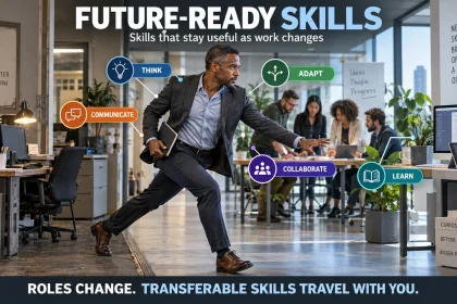 Professional moving between changing workplace roles while transferable skills such as critical thinking, communication, adaptability and learning remain connected across the transition.