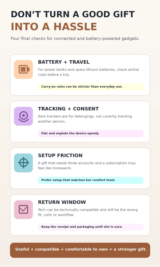 Four final checks for battery travel rules, tracker consent, setup friction and return windows.