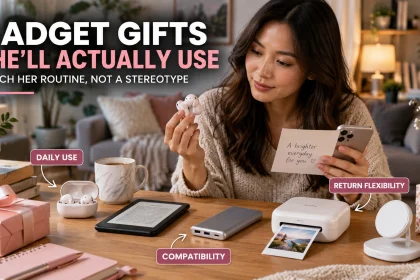 Woman comparing everyday gadget gifts including earbuds, an e-reader, portable power and a mini photo printer.