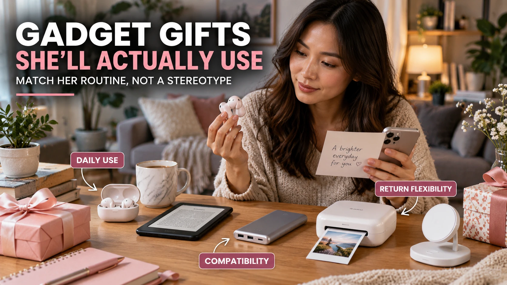 Woman comparing everyday gadget gifts including earbuds, an e-reader, portable power and a mini photo printer.