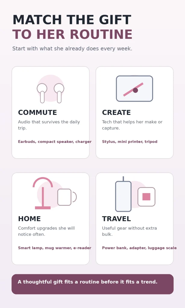 Four gadget gift routine categories for commuting, creating, home and travel.