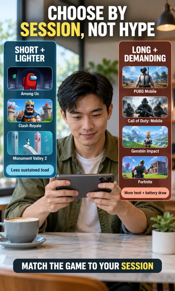 Man gaming at a cafe between two text panels comparing shorter lighter games with longer more demanding games for the Galaxy Note20 Ultra.