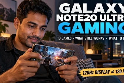 Man gaming on a large landscape smartphone beside text explaining Galaxy Note20 Ultra gaming, ten game choices, tuning, and the difference between 120Hz display refresh and 120 FPS.