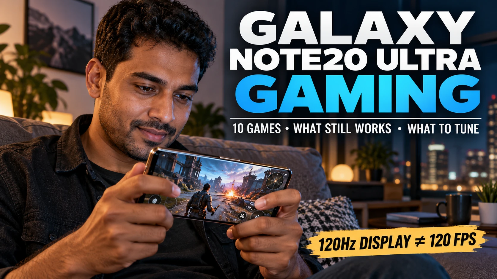 Man gaming on a large landscape smartphone beside text explaining Galaxy Note20 Ultra gaming, ten game choices, tuning, and the difference between 120Hz display refresh and 120 FPS.