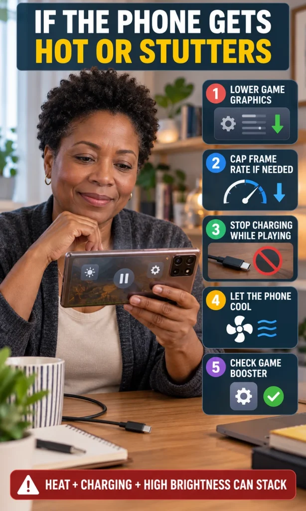 Woman pausing a game on a smartphone beside five troubleshooting steps for lowering graphics, capping frame rate, stopping charging, cooling the phone and checking Game Booster.