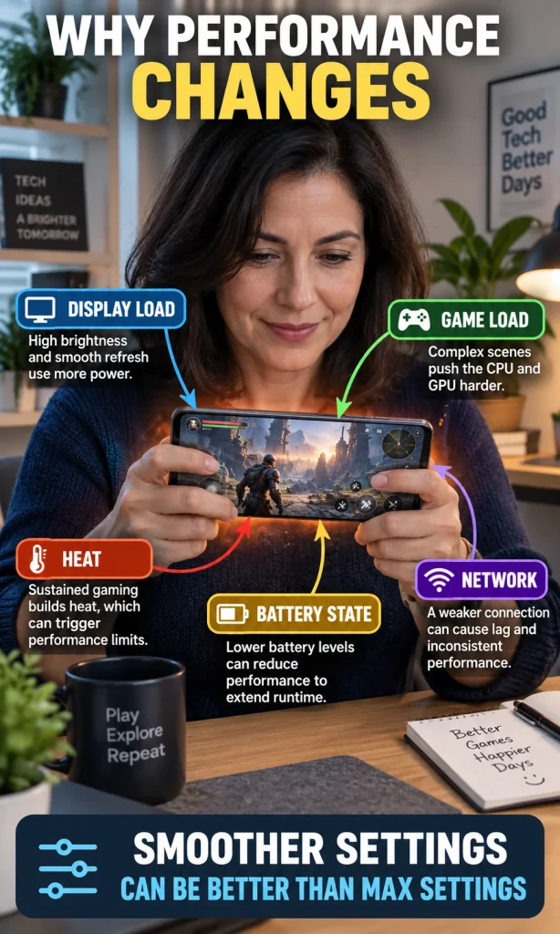 Woman gaming on a large smartphone with arrows identifying display load, game load, heat, battery state and network as factors affecting performance.