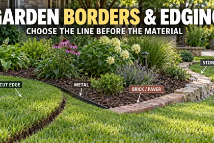 Landscaped garden showing a crisp lawn edge transitioning through metal, brick and natural stone border treatments