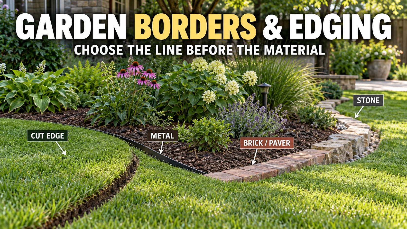 Landscaped garden showing a crisp lawn edge transitioning through metal, brick and natural stone border treatments