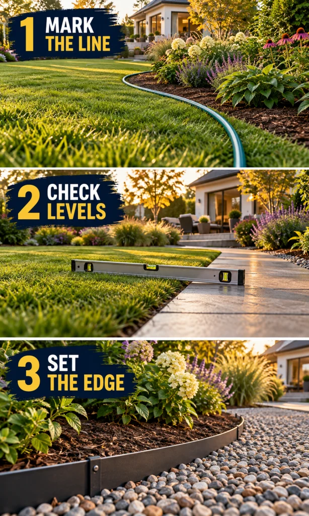 Garden bed installation sequence showing a marked line, finished levels and a stable anchored border.