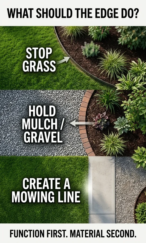 Garden edge decision visual showing lawn containment, mulch or gravel retention, and mower-friendly edge functions