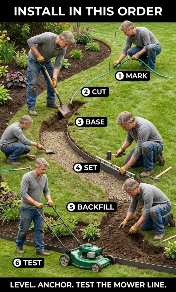 Garden edging installation sequence from marking the line through base preparation, setting, backfilling and mower testing