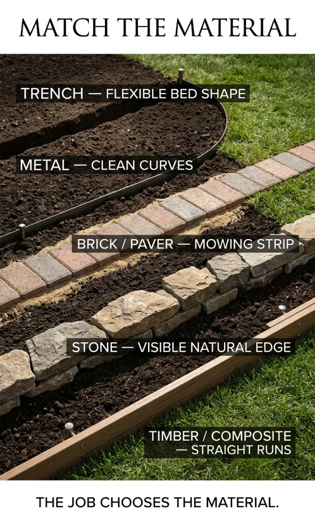 Comparison of trench, metal, brick, stone and timber or composite edging with the garden conditions each suits
