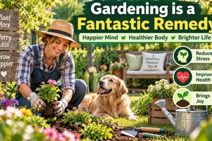 Woman planting flowers in a sunny garden beside a dog, with gardening tools, watering can and callouts highlighting stress relief, health and enjoyment.