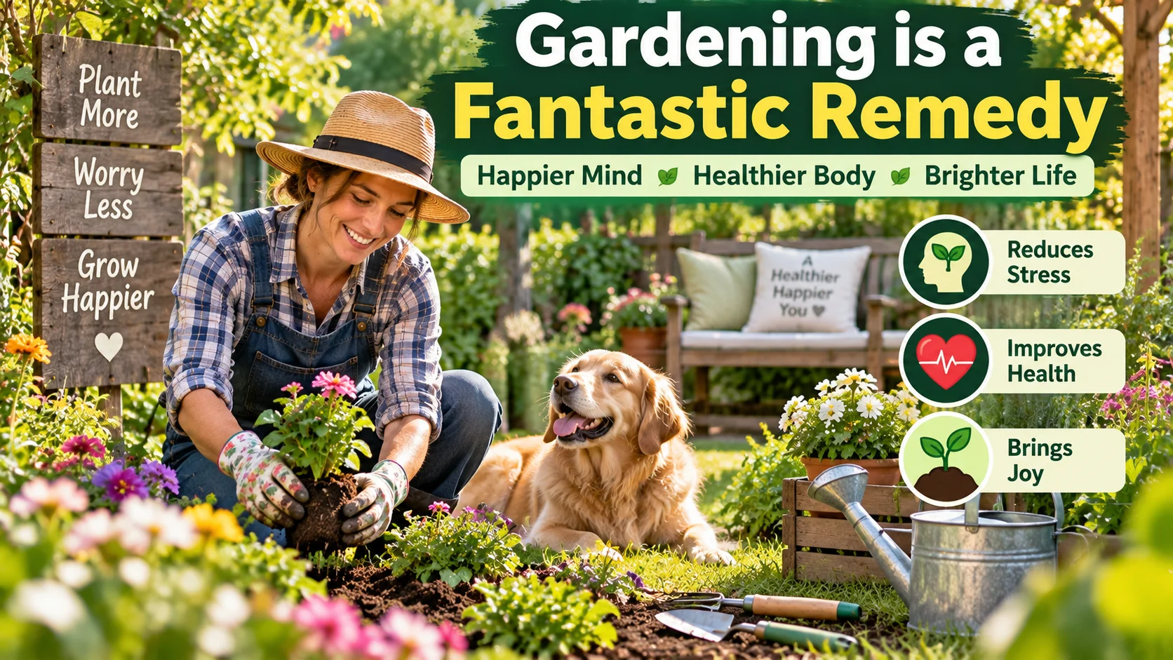 Woman planting flowers in a sunny garden beside a dog, with gardening tools, watering can and callouts highlighting stress relief, health and enjoyment.