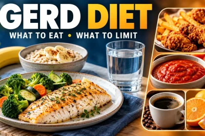 GERD diet meal ideas beside examples of fried food, tomato sauce, coffee and citrus to test as possible triggers.