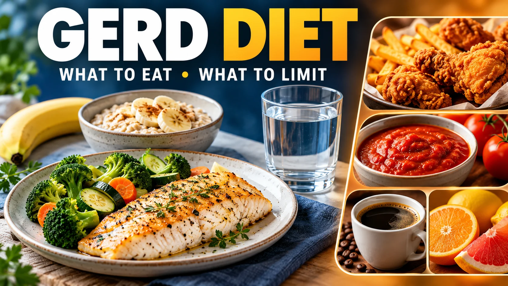 GERD diet meal ideas beside examples of fried food, tomato sauce, coffee and citrus to test as possible triggers.
