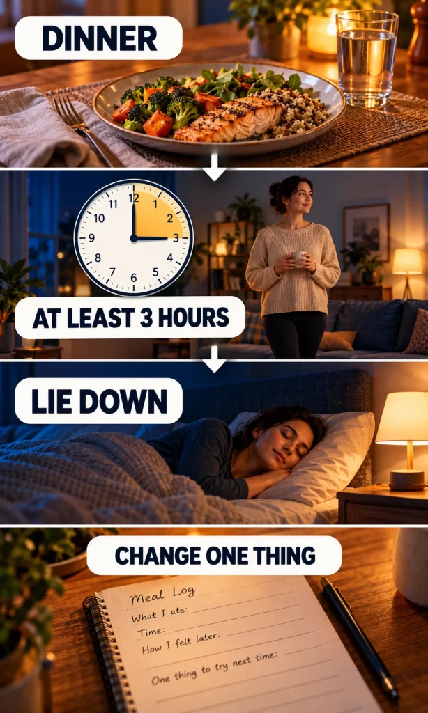 Dinner-to-bed timing and a simple meal and symptom observation sequence for nighttime reflux.