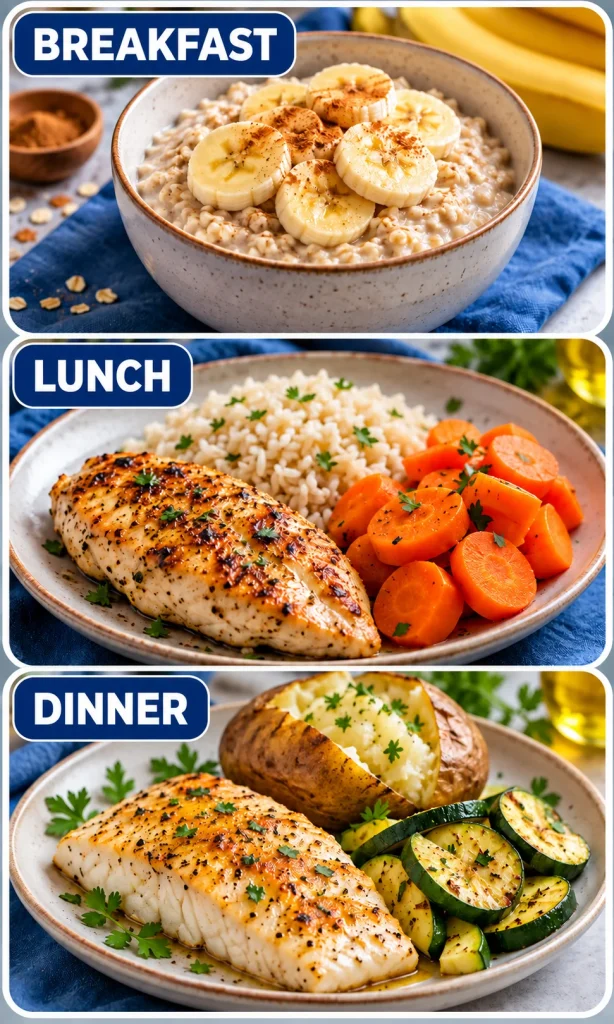 Three meal ideas showing oatmeal and banana, a chicken rice bowl, and fish with potato and vegetables.