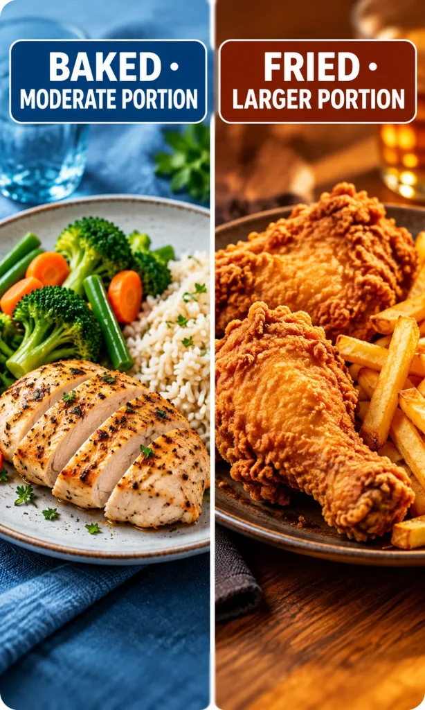 Baked chicken meal compared with a larger fried chicken meal to show preparation and portion differences.